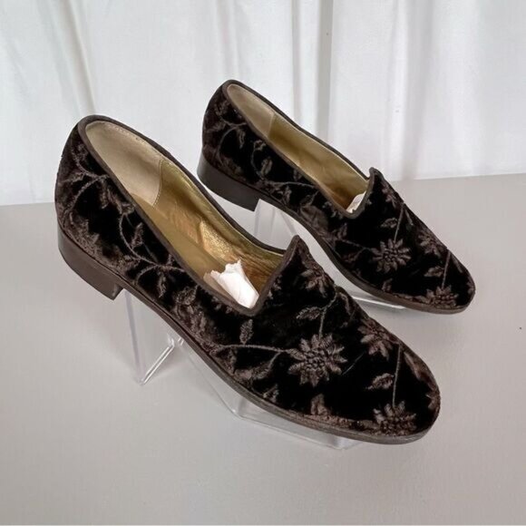 YVES SAINT LAURENT WOMENS BROWN SUEDE LOAFERS WITH EMBROIDERED DESIGN SIZE 7.5M - Picture 1 of 8
